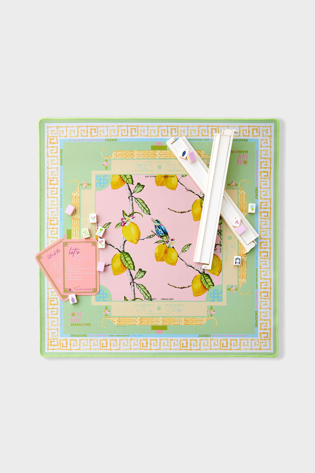 Citrus Songbird mahjong mat set up with racks; tiles and racks sold separately