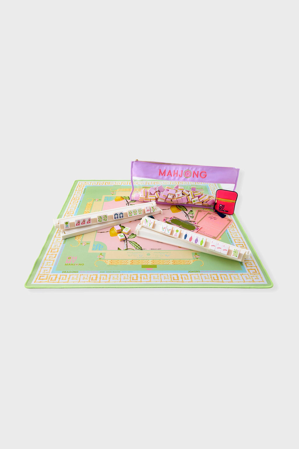 Citrus Songbird mahjong mat styled with its canvas carry bag