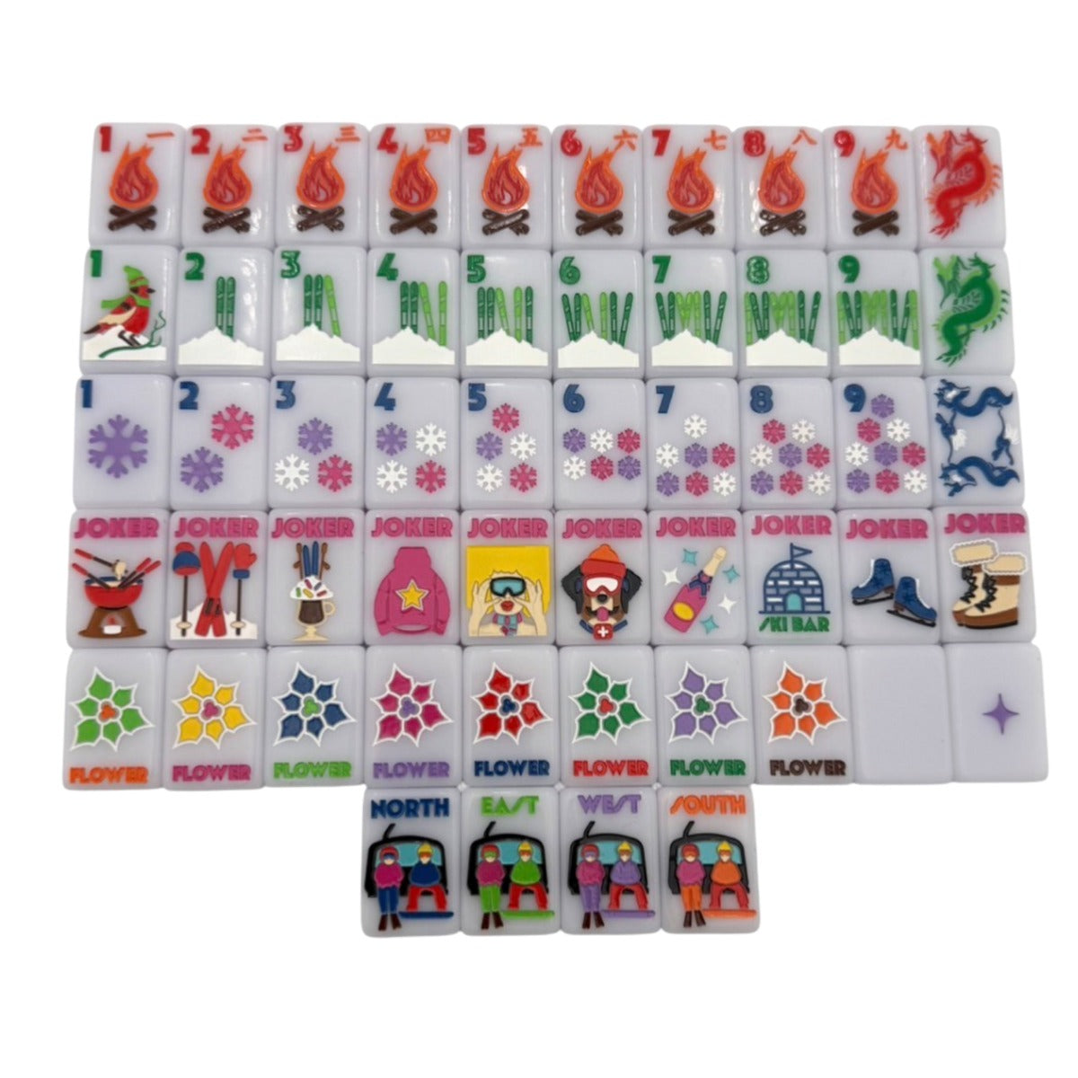One of each Bespoke Mahjong The Chalet Frosty Lilac tile: campfire craks, ski bams, snowflake dots, apres-ski jokers, flower tiles, and chairlift winds on pale lilac