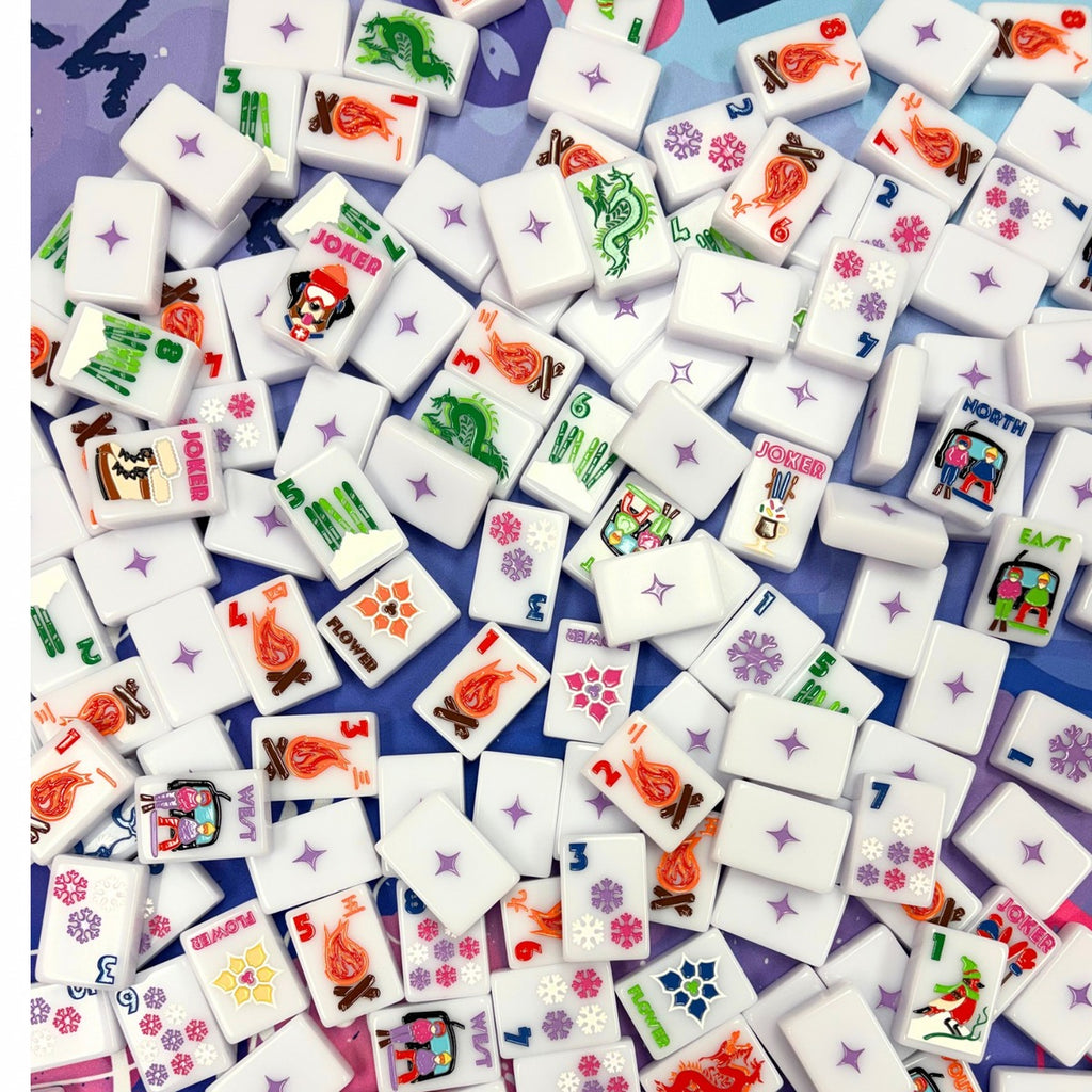 The Chalet Frosty Lilac tiles scattered face up and face down on a blue and white mat; mat sold separately
