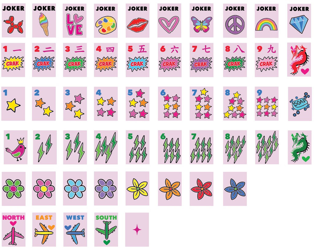 Bespoke Mahjong x Corey Paige Color Crush tile code card showing every suit, flower, wind, and joker design