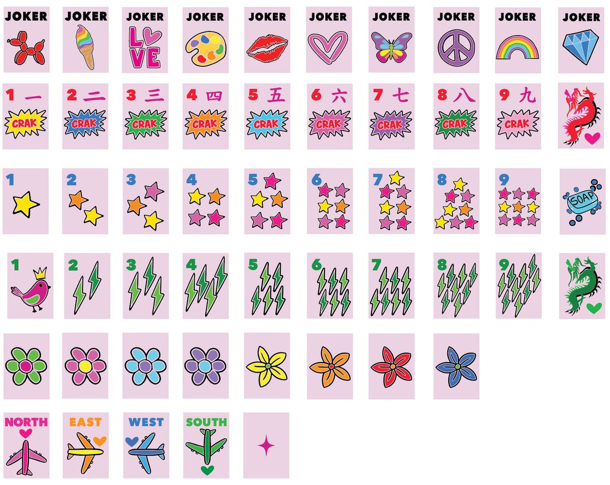 Bespoke Mahjong x Corey Paige Color Crush tile code card showing every suit, flower, wind, and joker design
