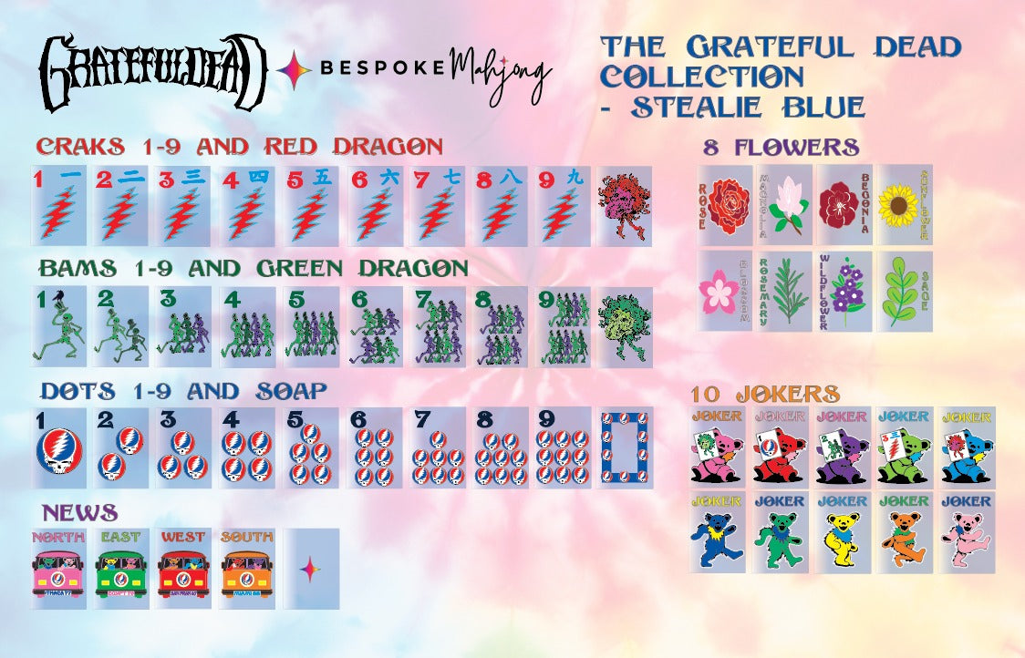 Grateful Dead x Bespoke Mahjong Stealie Blue tile code card showing every suit, flower, wind, and joker design