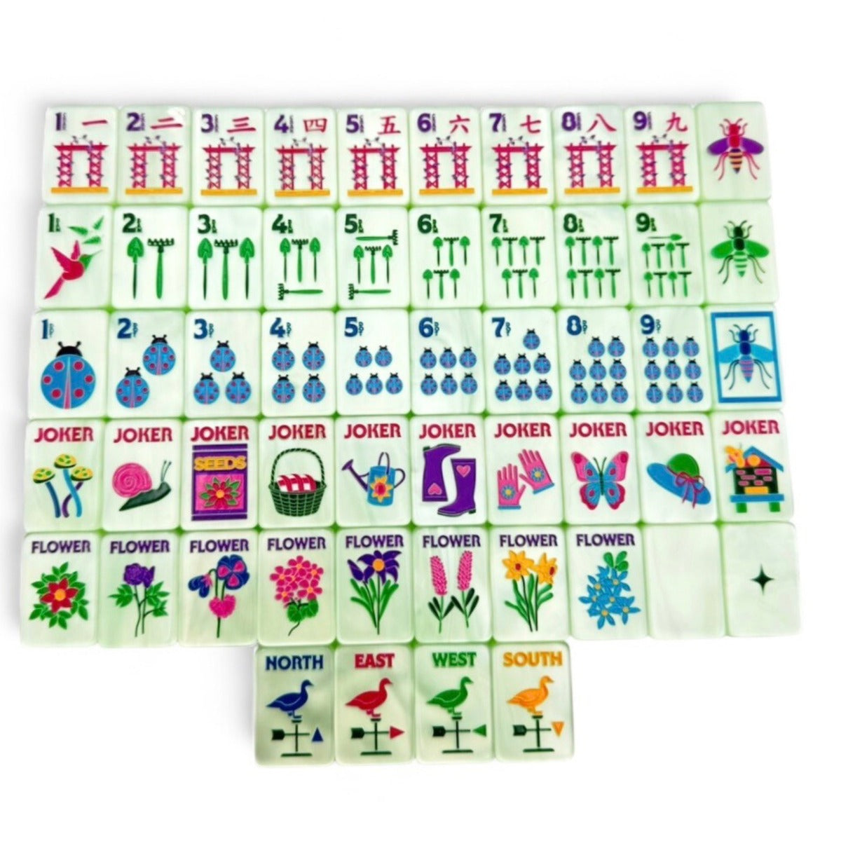 One of each Bespoke Mahjong Garden Glow Matcha Pearl tile: trellis craks, garden-tool bams, ladybug dots, garden jokers, flower tiles, and weathervane winds on pale green pearl