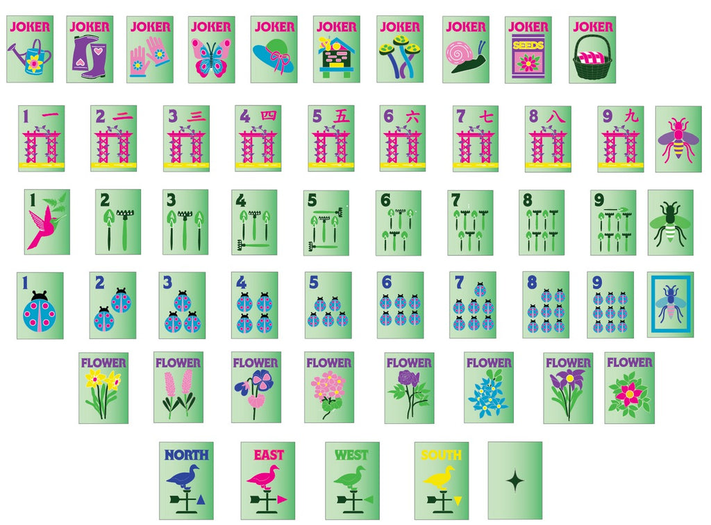 Garden Glow tile artwork chart showing jokers, craks, bams, dots, flowers, and winds