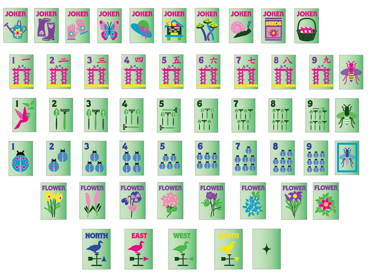 Garden Glow tile artwork chart showing jokers, craks, bams, dots, flowers, and winds