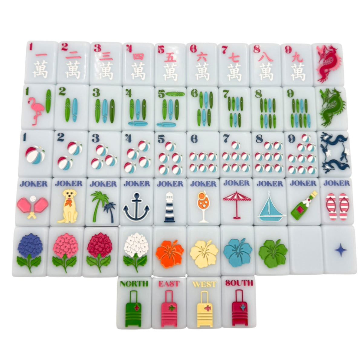 One of each Bespoke Mahjong x Gray Malin Beach Club Ocean Blue tile: red craks, longboard bams, beach-ball dots, beach jokers, hibiscus and hydrangea flowers, and suitcase winds on white