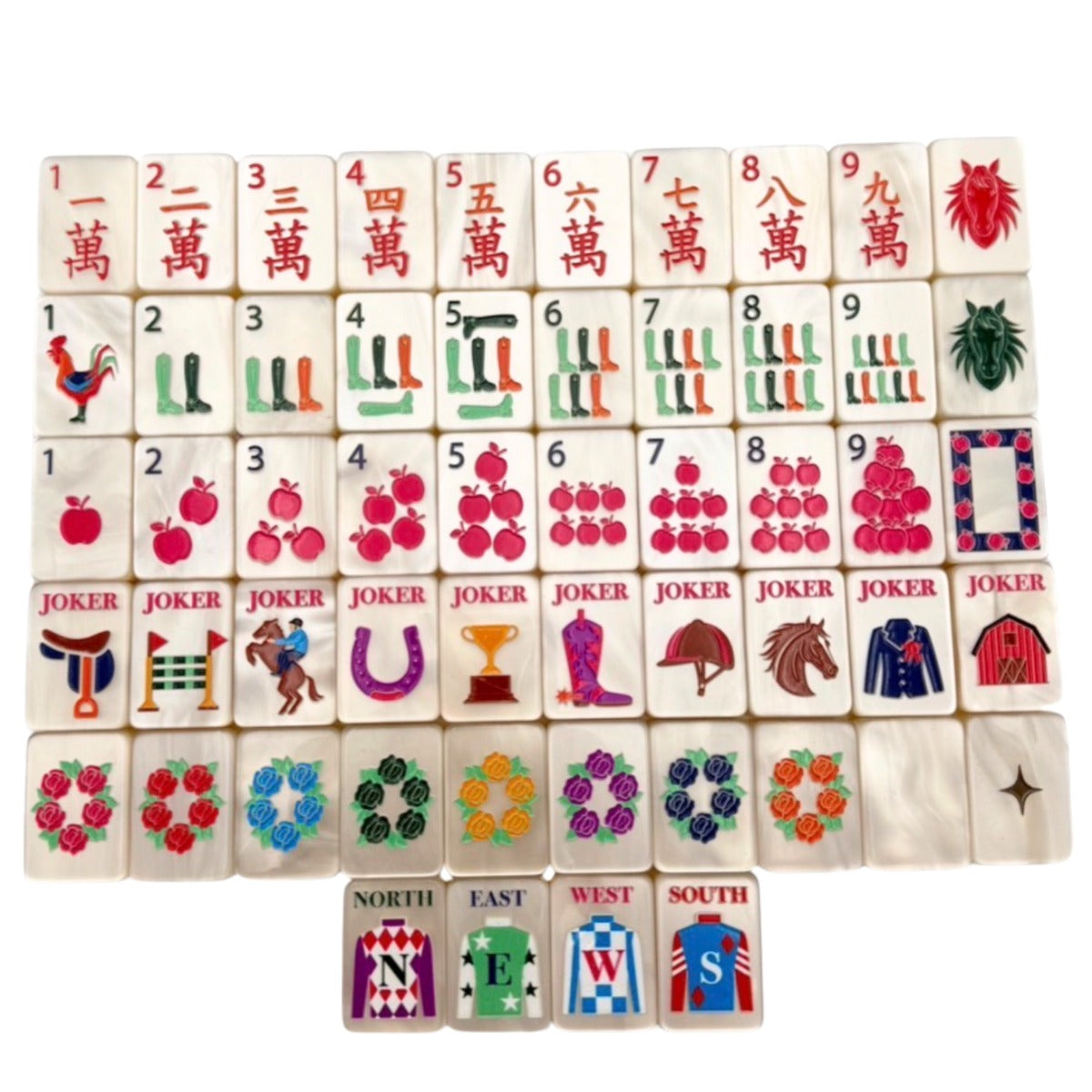 One of each Bespoke Mahjong Year of the Horse Pearl Cream tile: red-character craks, riding-boot bams, apple dots, equestrian jokers, rose-wreath flowers, and jockey-silk winds on cream pearl