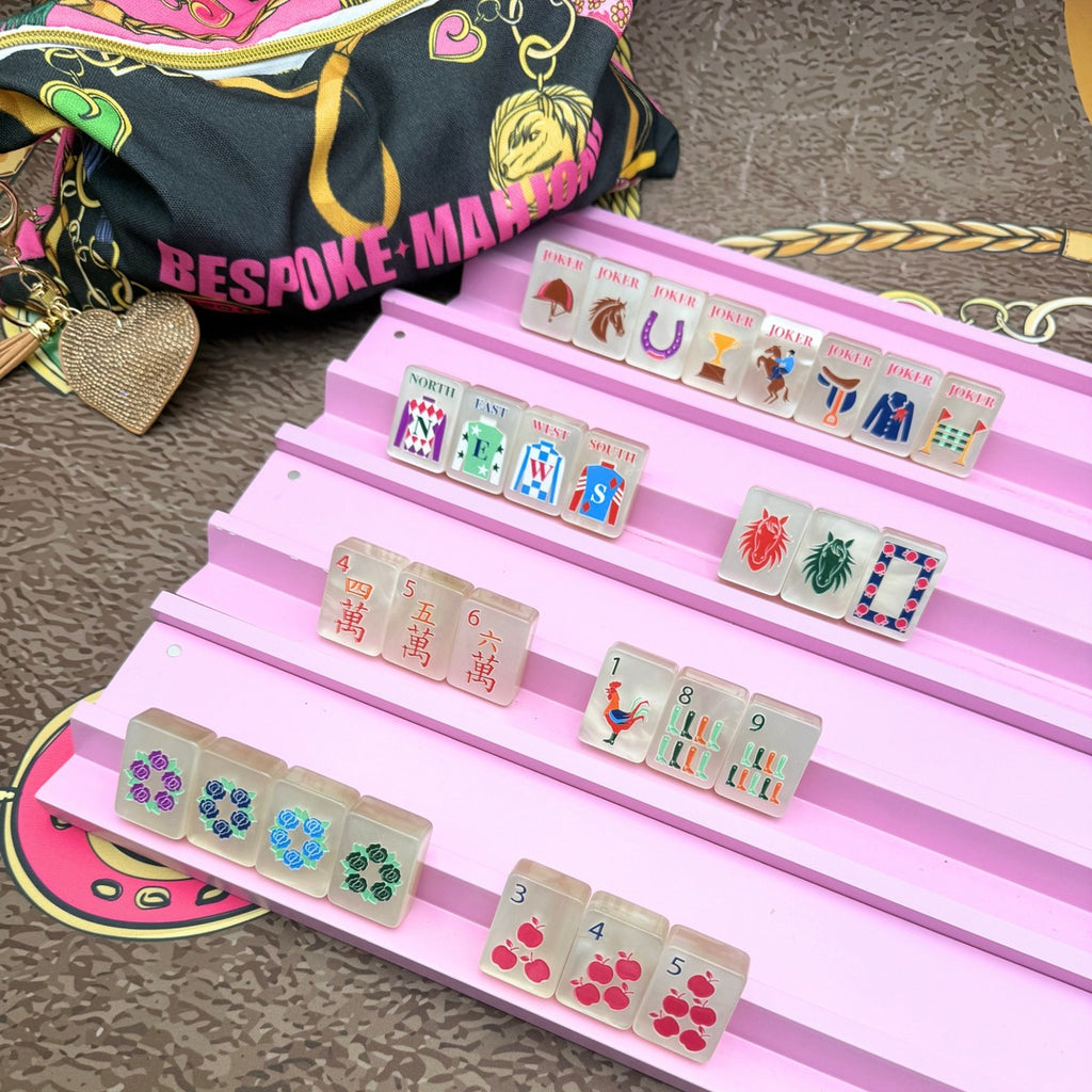 Year of the Horse Pearl Cream tiles on pink racks with the black and hot pink equestrian tile bag; racks sold separately