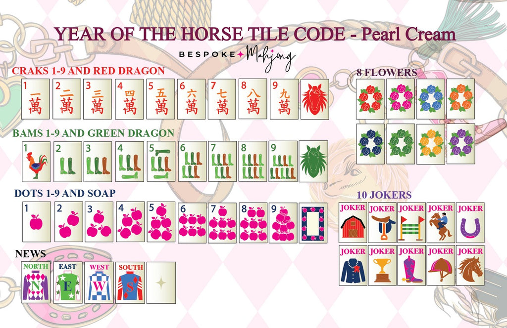 Bespoke Mahjong Year of the Horse Pearl Cream tile code card showing every suit, flower, wind, and joker design