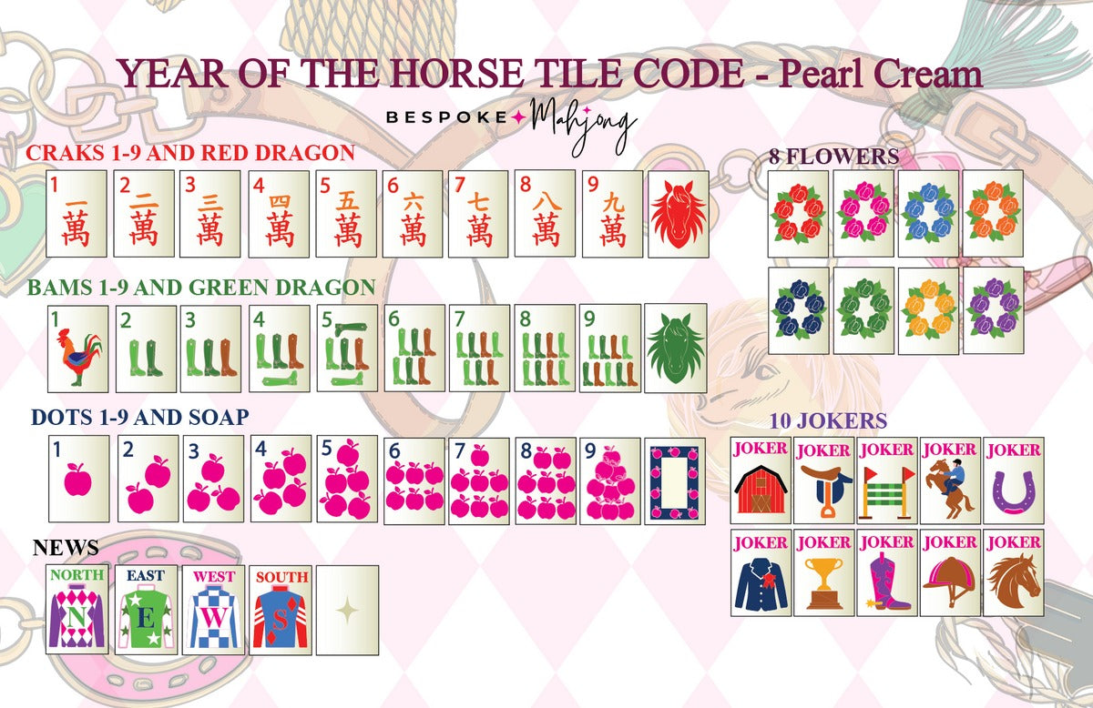 Bespoke Mahjong Year of the Horse Pearl Cream tile code card showing every suit, flower, wind, and joker design