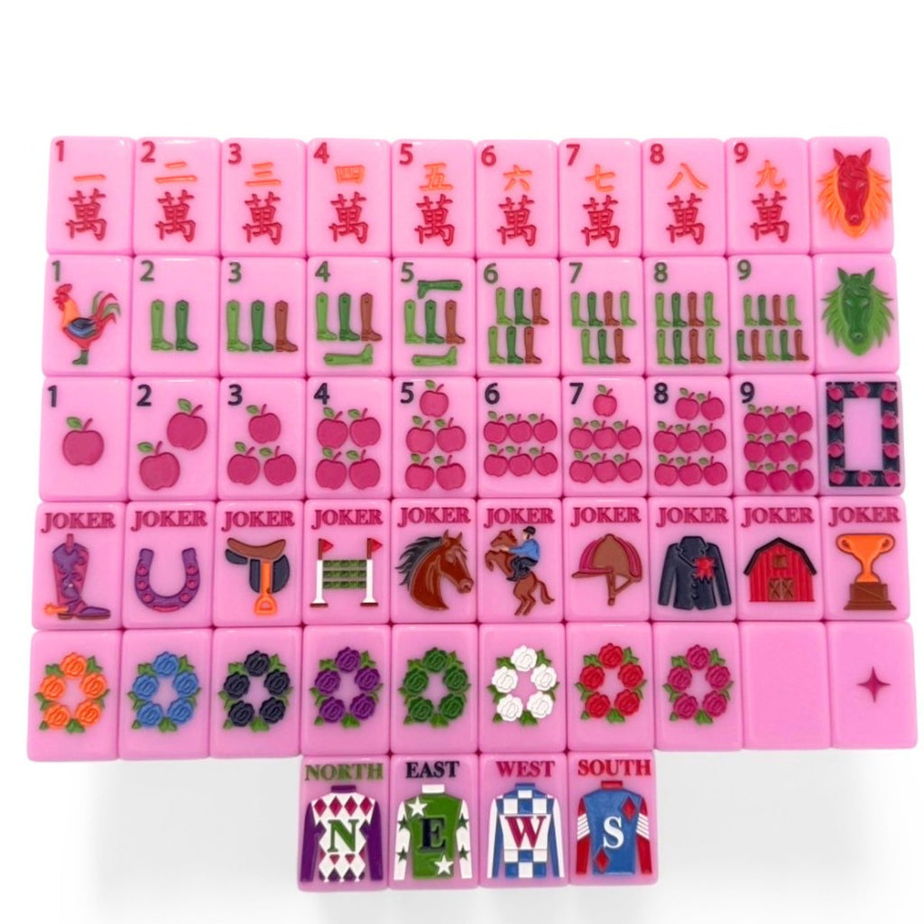 One of each Bespoke Mahjong Year of the Horse Saddle Pink tile: red-character craks, riding-boot bams, apple dots, equestrian jokers, rose-wreath flowers, and jockey-silk winds on pink