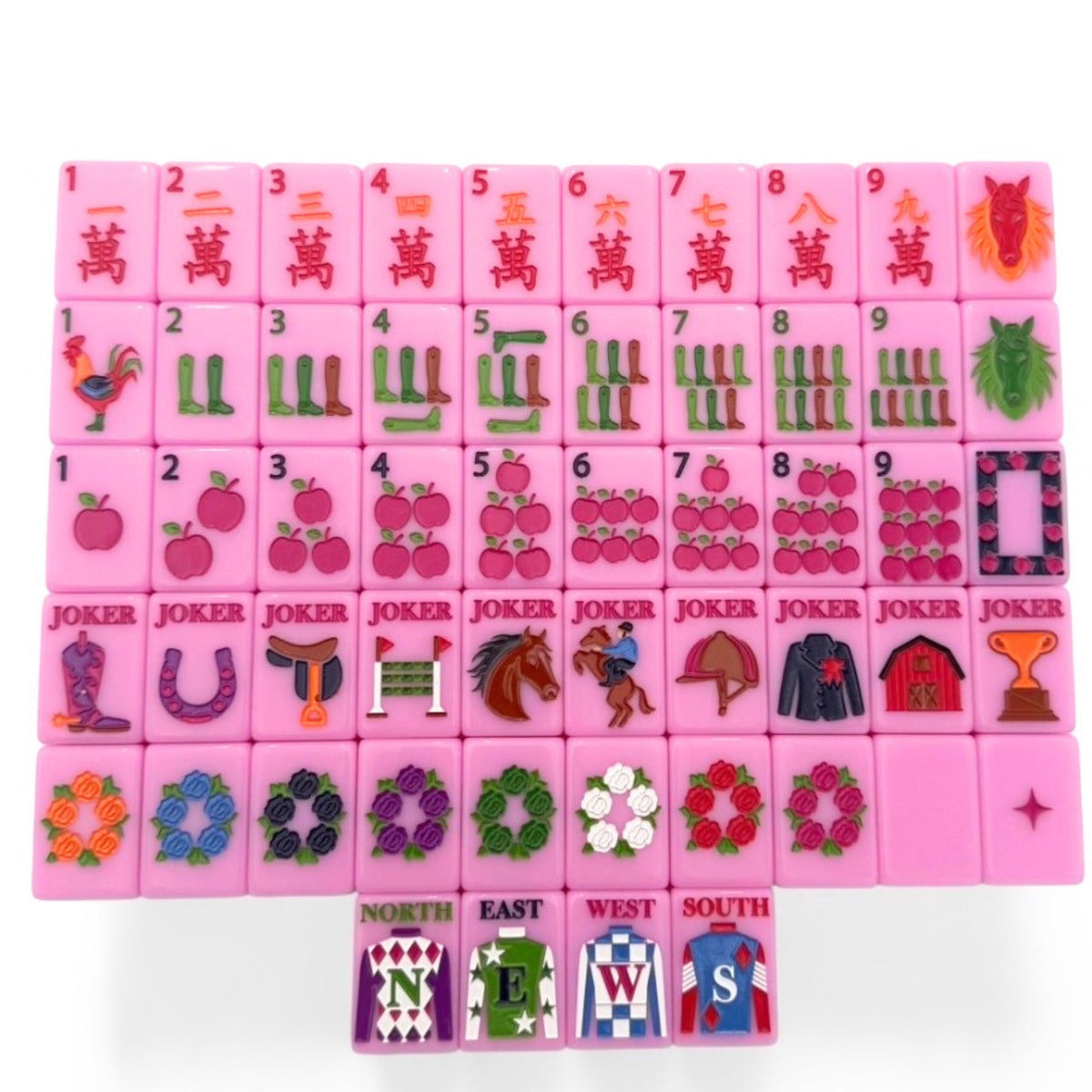 One of each Bespoke Mahjong Year of the Horse Saddle Pink tile: red-character craks, riding-boot bams, apple dots, equestrian jokers, rose-wreath flowers, and jockey-silk winds on pink