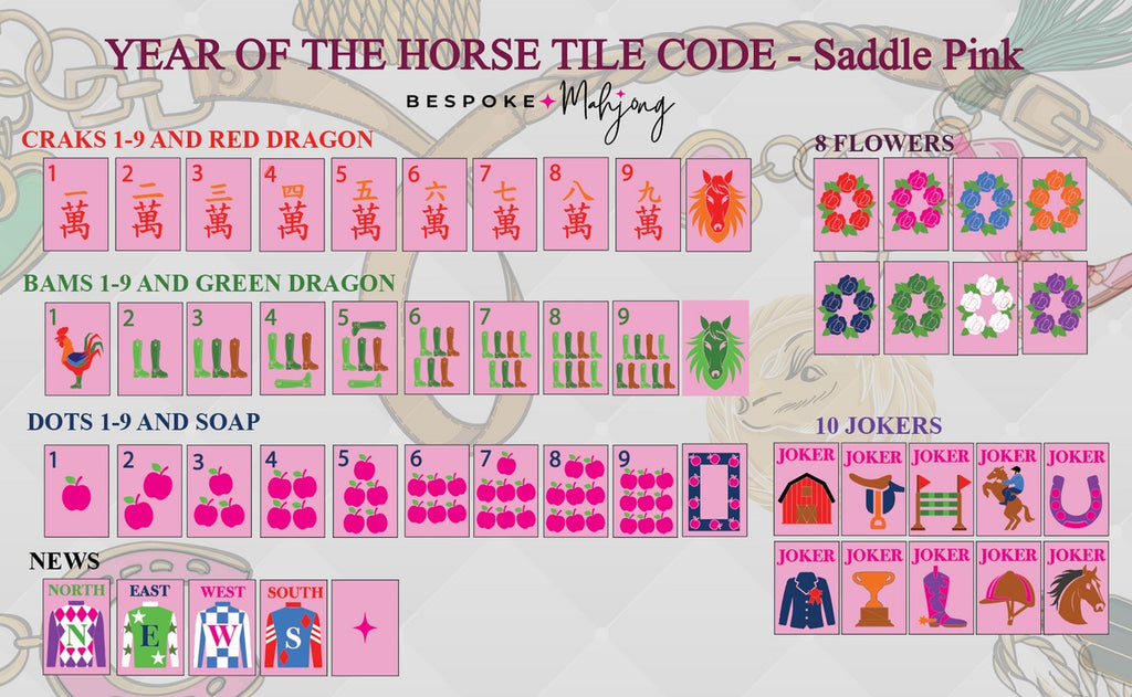 Bespoke Mahjong Year of the Horse Saddle Pink tile code card showing every suit, flower, wind, and joker design