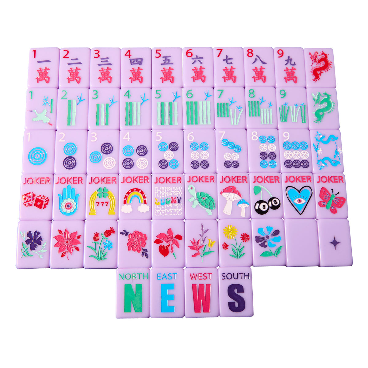 One of each Bespoke Mahjong Lucky Charms French Lavender tile: red craks, bamboo bams, multicolor dots, lucky-symbol jokers, flower tiles, and NEWS winds on lavender