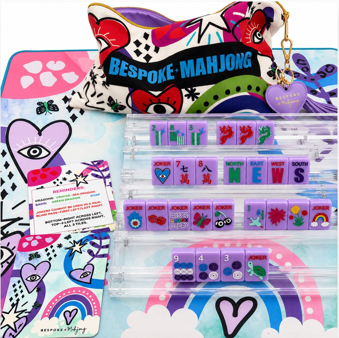 Close-up of Lucky Charms French Lavender tiles on clear racks with the Bespoke Mahjong tile bag; racks sold separately