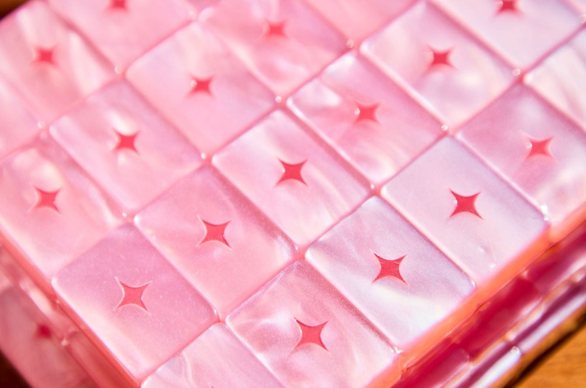 Pop Diva Cotton Candy Pink Pearl tile backs with the pink Bespoke diamond logo