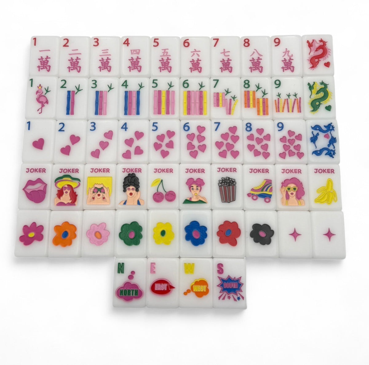 One of each Bespoke Mahjong Pop Divas Bright White tile: red craks, striped-bamboo bams, pink heart dots, pop-diva jokers, daisy flowers, and speech-bubble winds on white