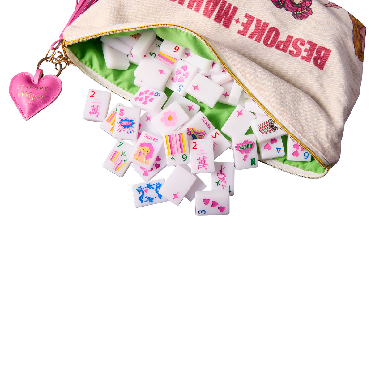 Pop Divas Bright White tiles spilling from the Bespoke Mahjong tile bag with the pink puffy heart zipper pull