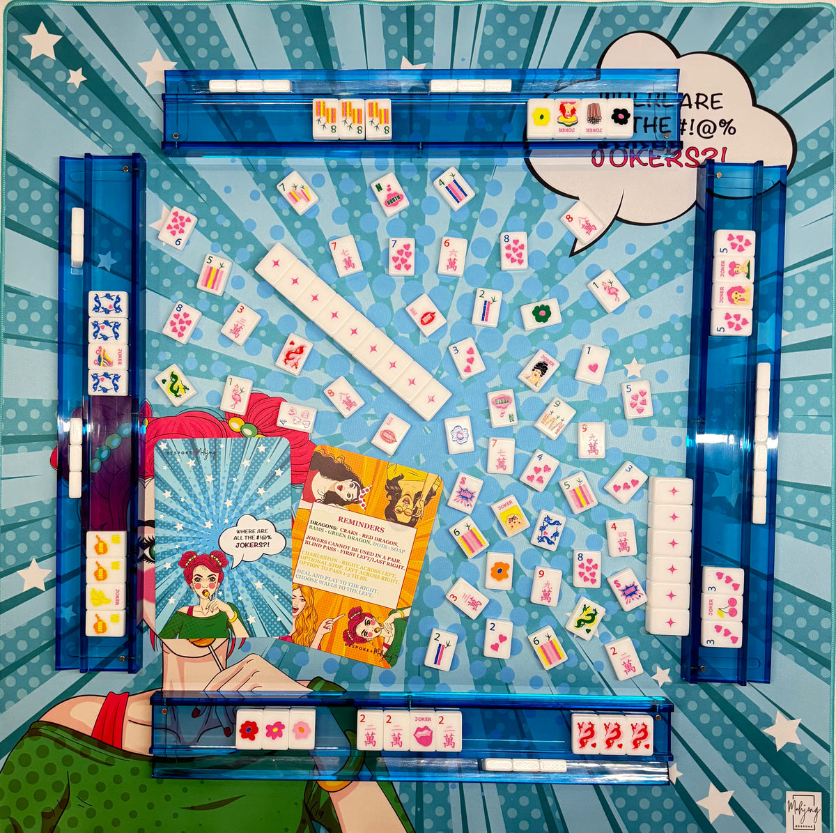Pop Divas Bright White tiles on a comic-book mat with blue racks; racks and mat sold separately