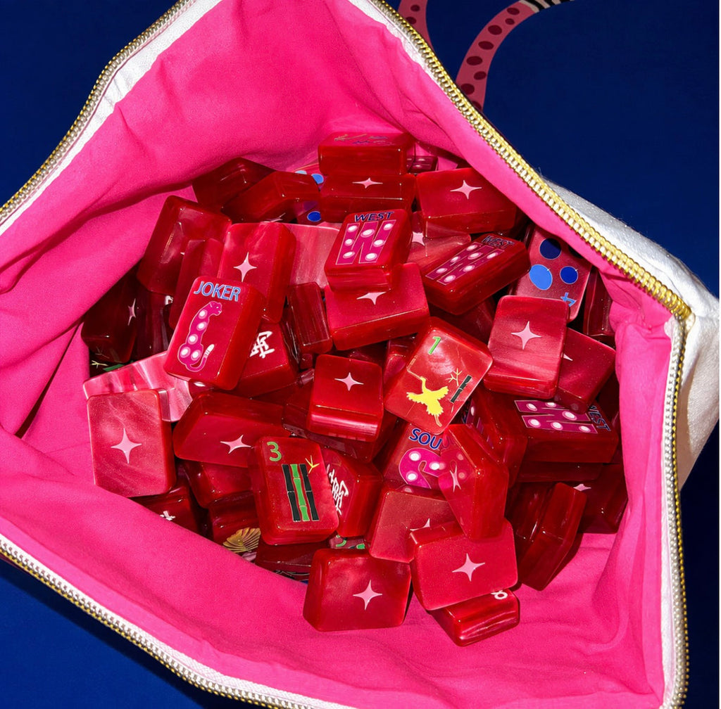 Springtime Safari Wild Pink Pearl tiles inside the pink-lined Bespoke Mahjong tile bag