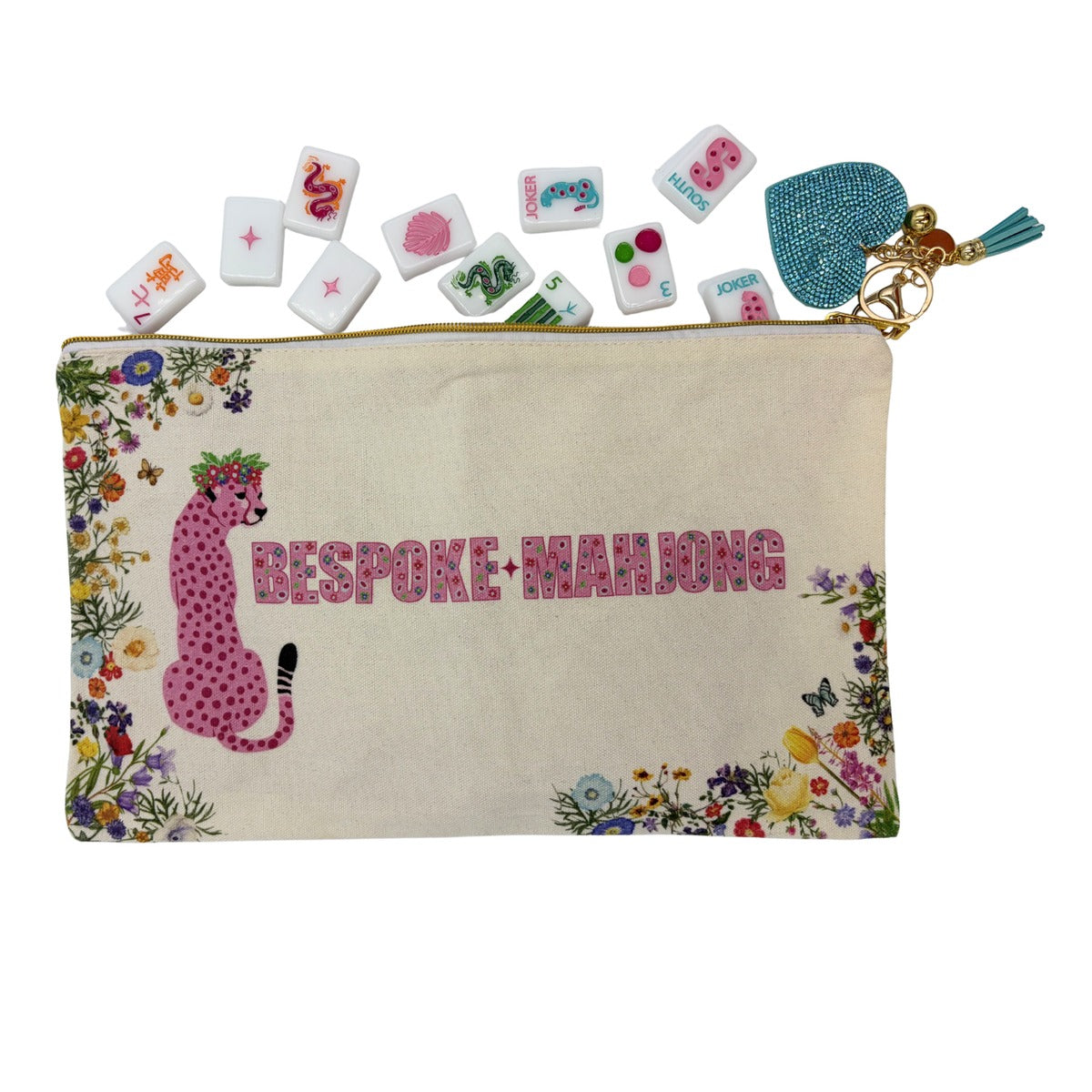 Springtime Safari Bright White tiles with the cheetah-and-florals Bespoke Mahjong tile bag and heart zipper pull