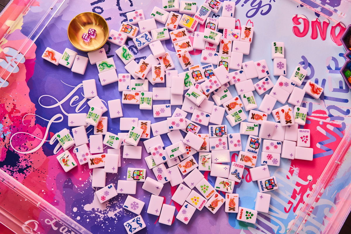 The Chalet mahjong mat graffiti side covered in mahjong tiles; tiles sold separately