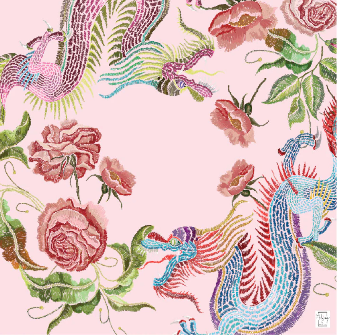Bespoke Mahjong Year of the Dragon Pink Blush mahjong mat laid flat, pastel dragons and pink roses on a blush background