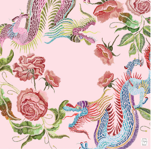 Bespoke Mahjong Year of the Dragon Pink Blush mahjong mat laid flat, pastel dragons and pink roses on a blush background