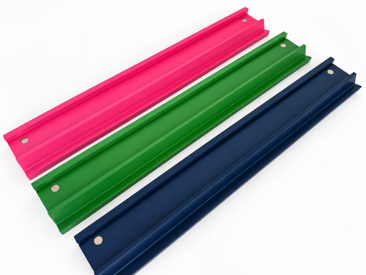 LoveMahjong Boutique painted wooden racks in deep blue, green and hot pink