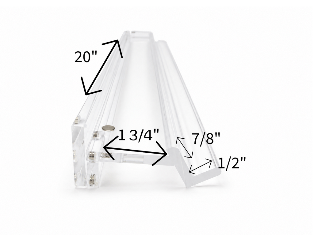 Rack dimensions: 20 in long, 1 3/4 in shelf, 7/8 in back, 1/2 in lip