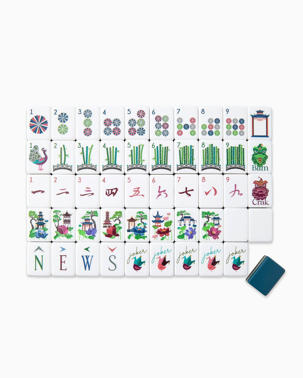 One of each Oh My Mahjong Gatsby tile face laid out in rows: dots, bams, craks, flowers, winds, and jokers, with a navy tile back
