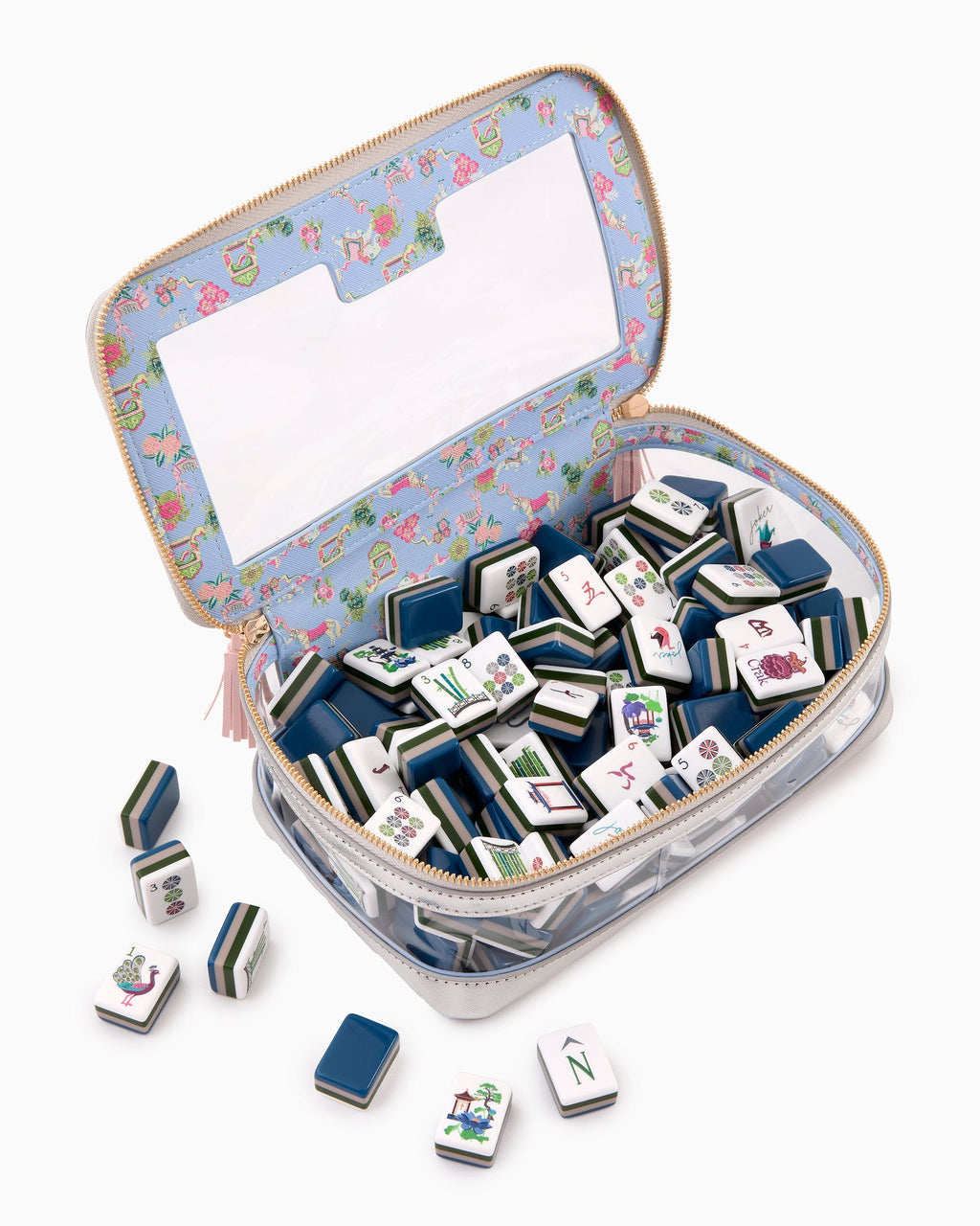 Oh My Mahjong Gatsby tiles shown in an open blue floral zip case; case sold separately