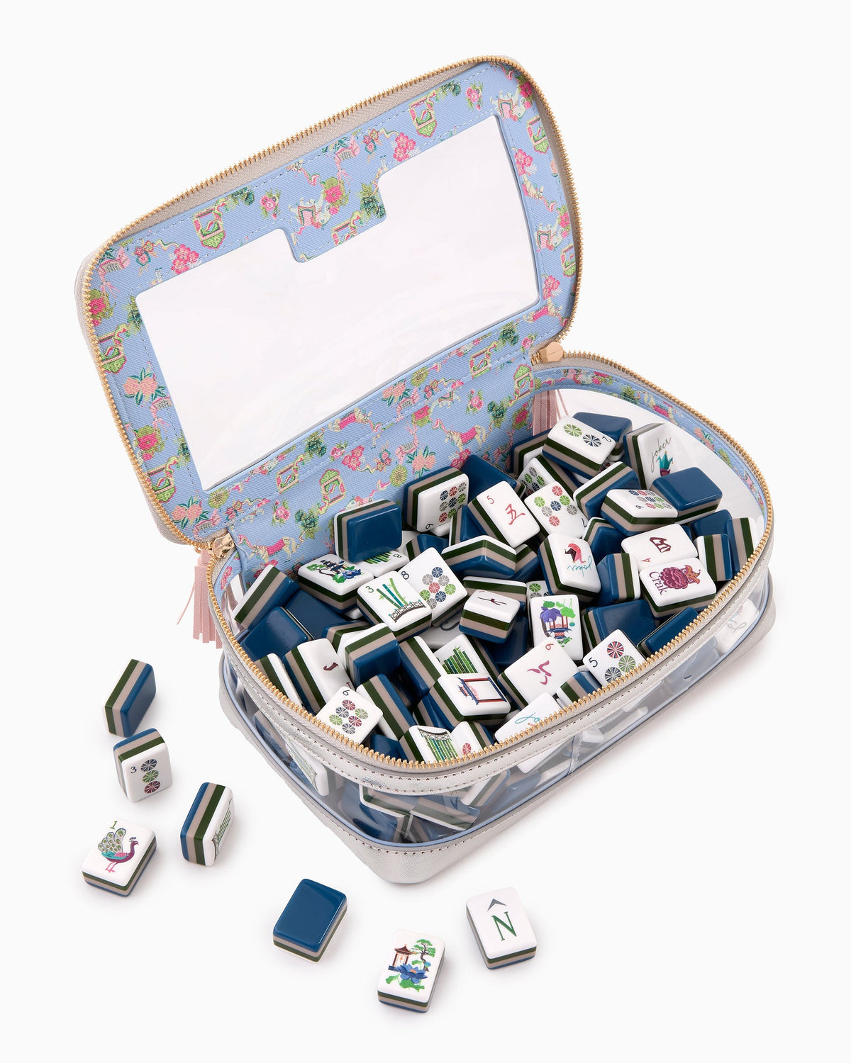 Oh My Mahjong Gatsby tiles shown in an open blue floral zip case; case sold separately