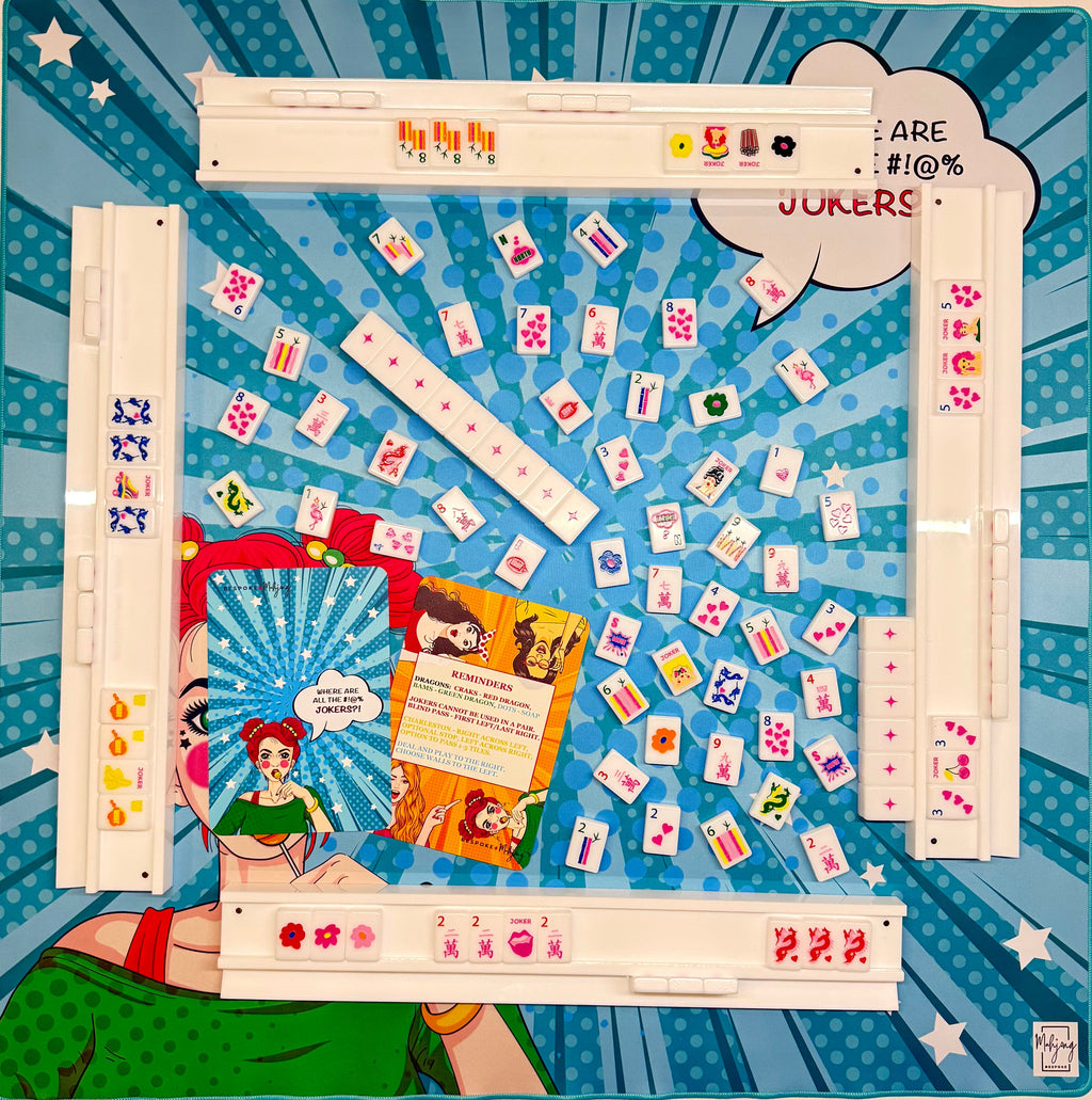 Girl Talk mahjong mat set up for a game; tiles and racks sold separately