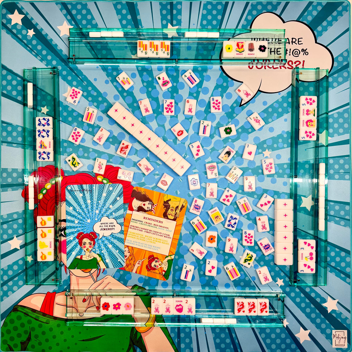 Girl Talk mahjong mat set up for a game; tiles and racks sold separately