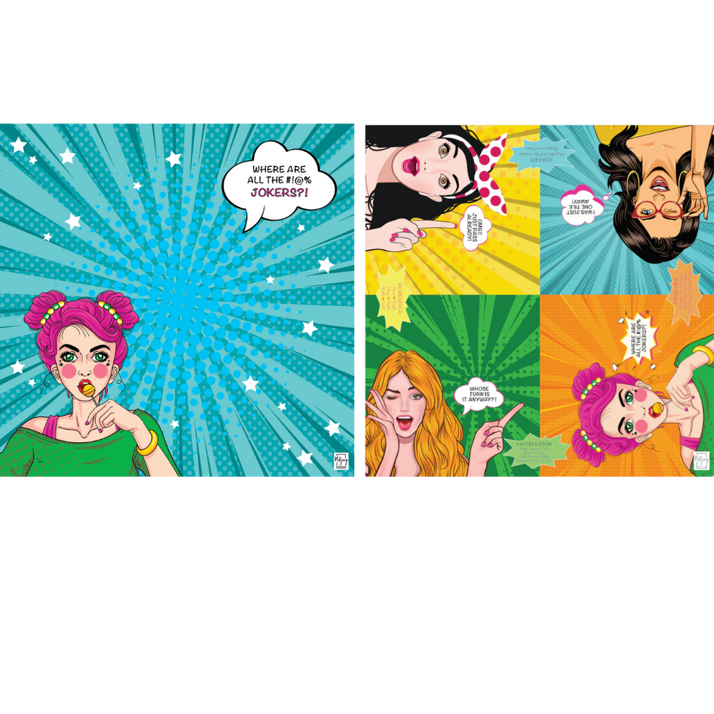 Bespoke Mahjong Girl Talk double-sided mahjong mat showing both pop-art sides