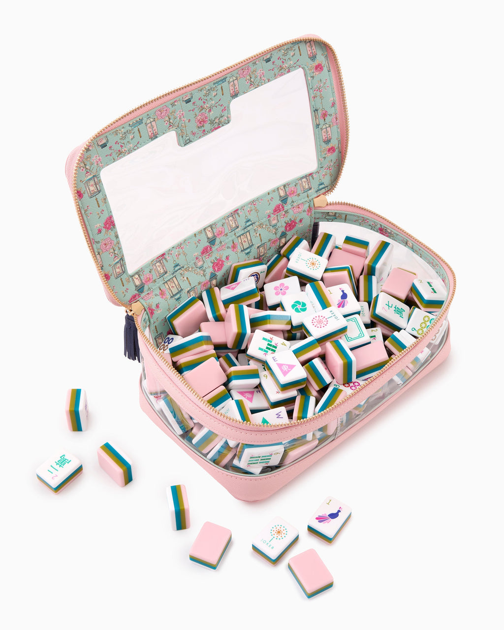 Oh My Mahjong La Fete tiles shown in an open pink floral-lined zip case; case sold separately