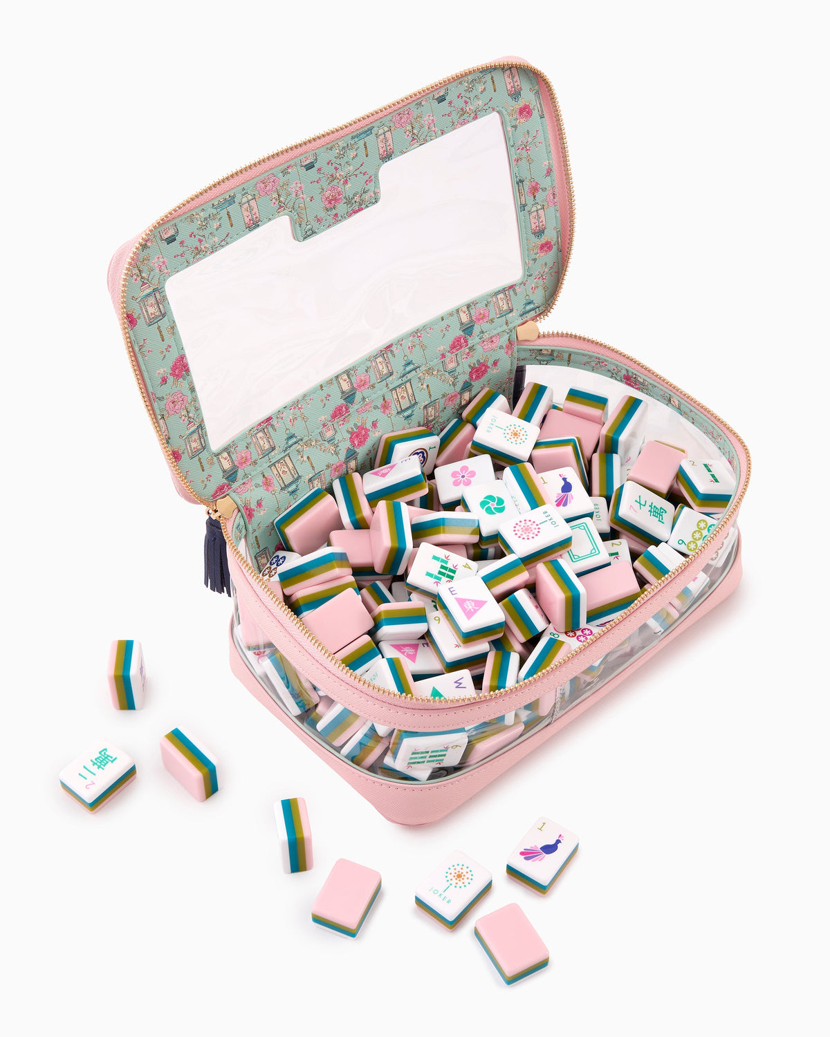Oh My Mahjong La Fete tiles shown in an open pink floral-lined zip case; case sold separately
