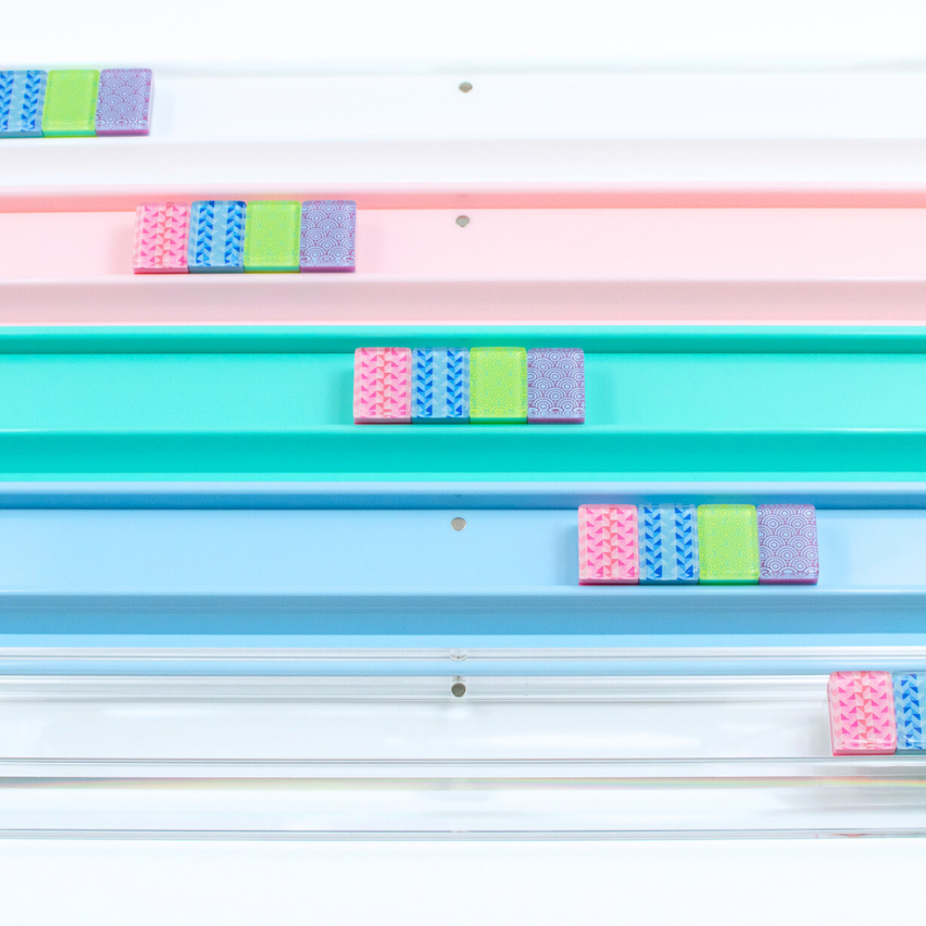 My Fair Mahjong acrylic racks with tiles on the exposure shelf