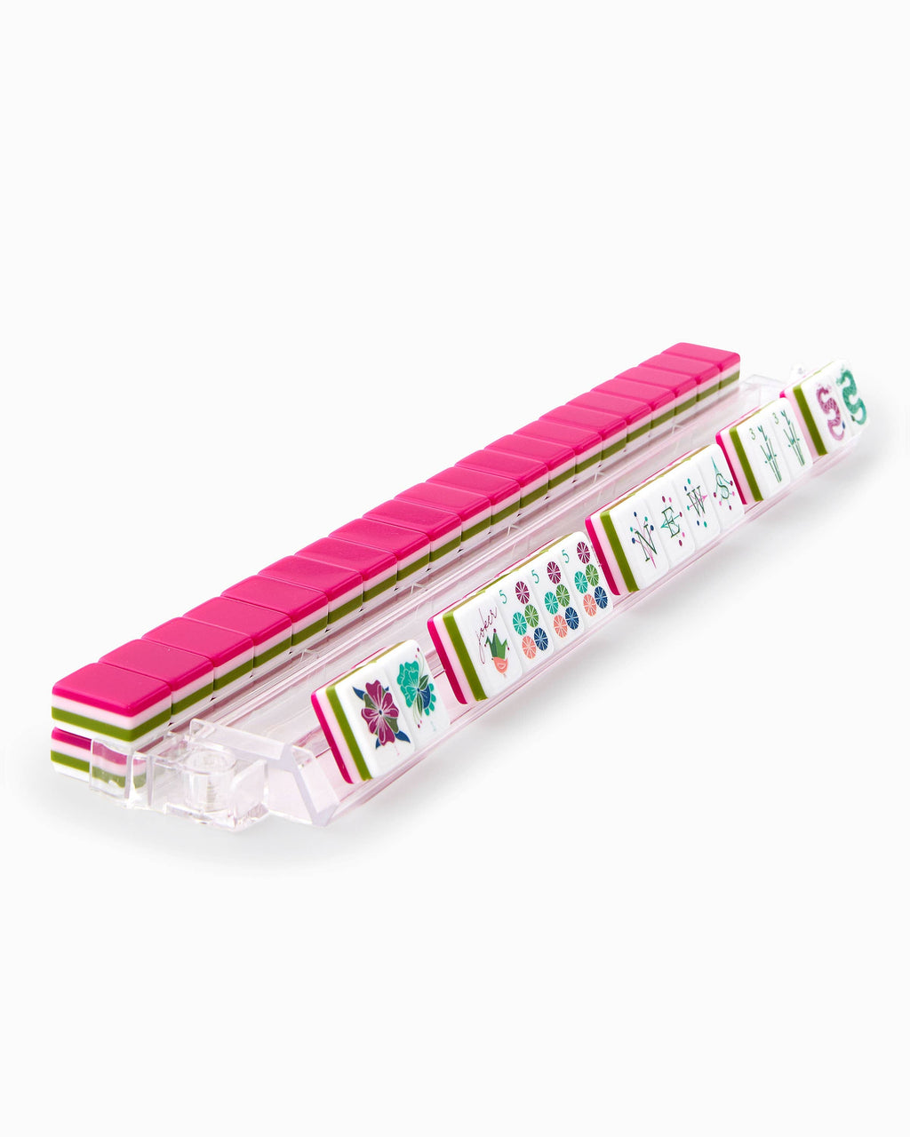 Dandy mahjong tiles on a clear acrylic rack, a hand of face-up tiles in front and magenta tile backs lined up behind