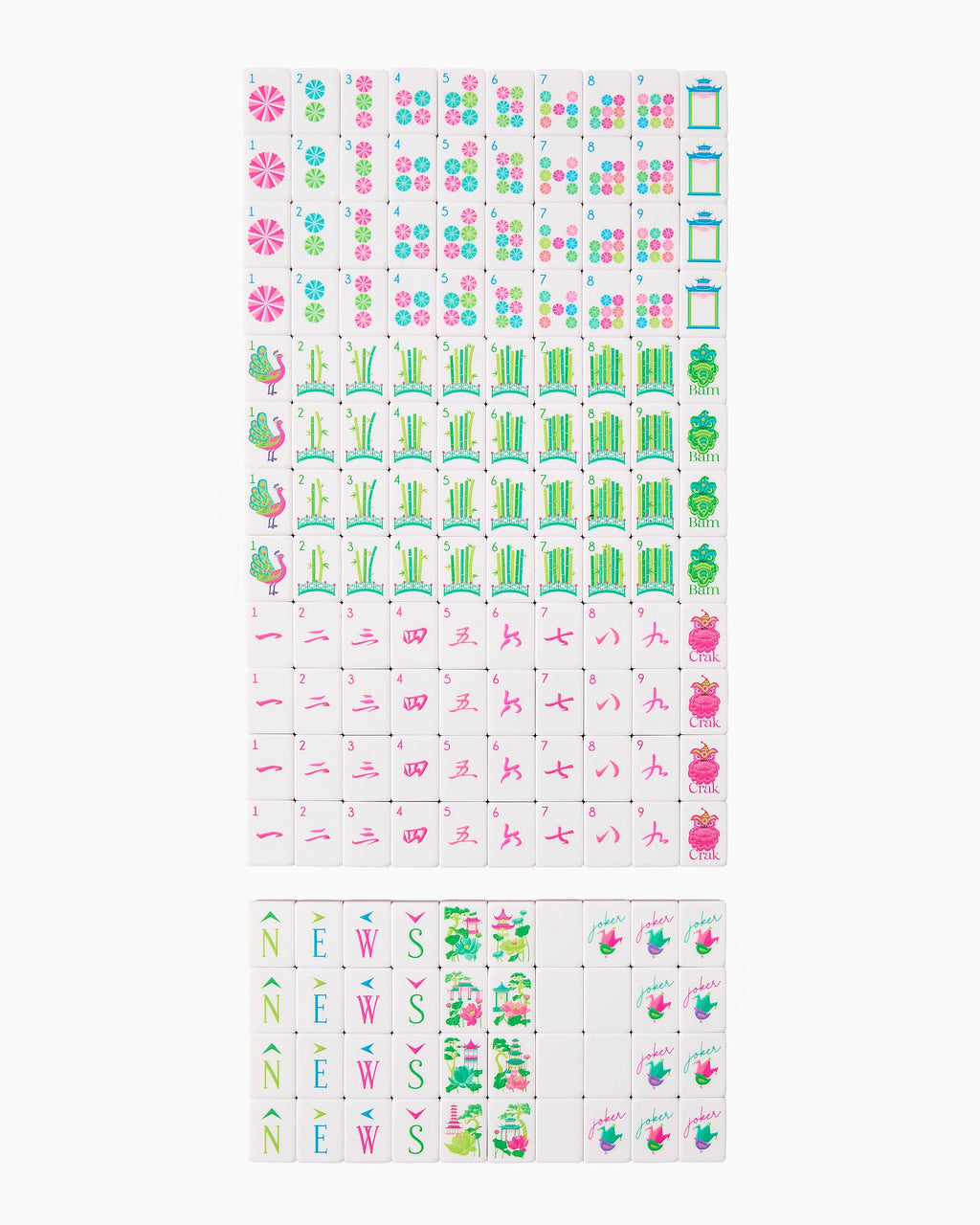 Complete Oh My Mahjong Glow Wild set, all 160 tiles laid out face up in rows