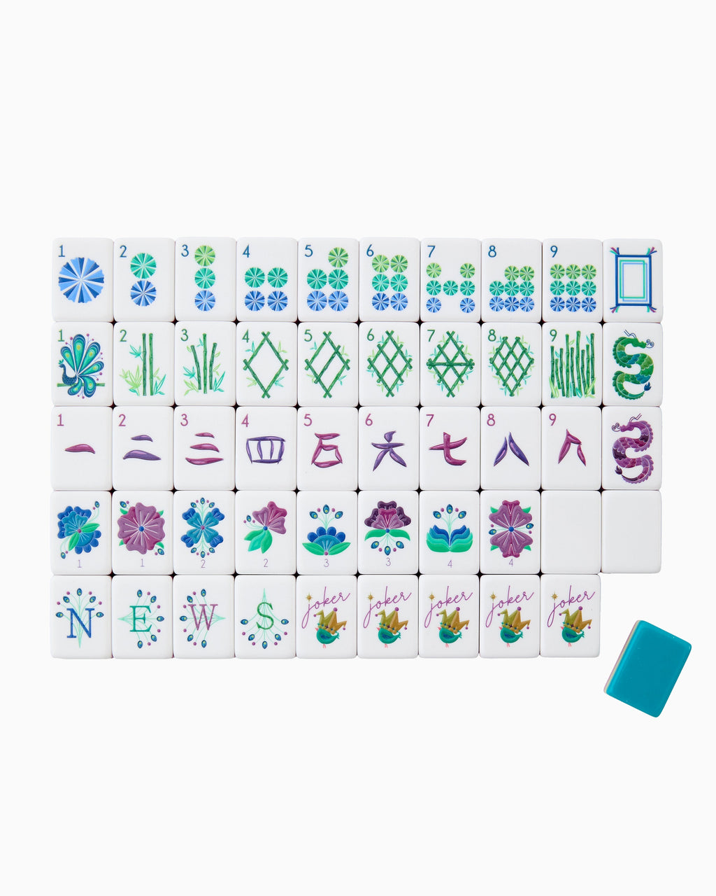 One of each Oh My Mahjong Lagoon tile face laid out in rows: dots, bams, craks, flowers, winds, and jokers, with a teal tile back