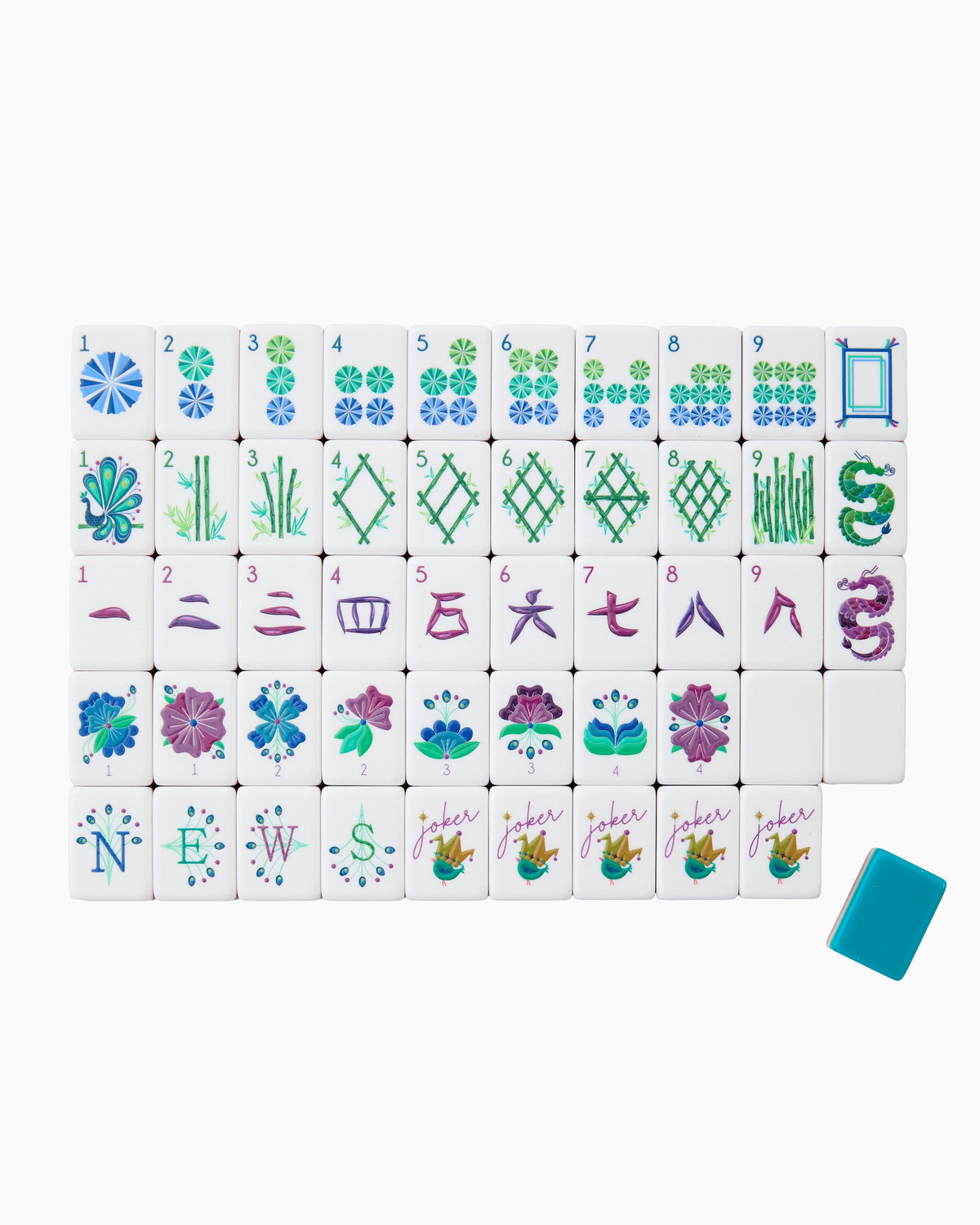 One of each Oh My Mahjong Lagoon tile face laid out in rows: dots, bams, craks, flowers, winds, and jokers, with a teal tile back