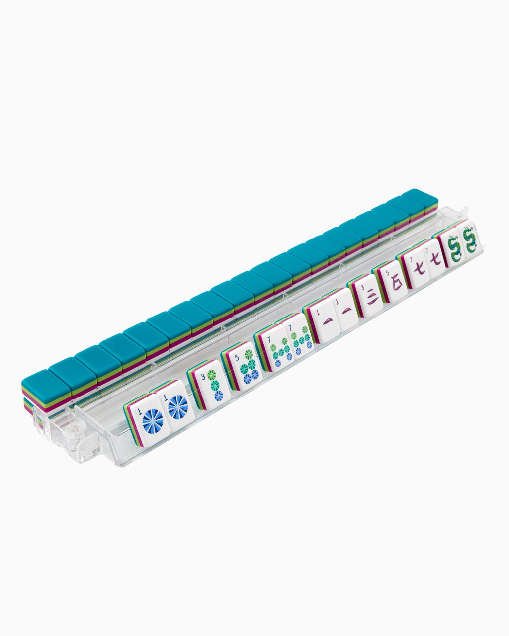 Lagoon mahjong tiles on a clear acrylic rack, a row of face-up tiles in front and teal tile backs lined up behind