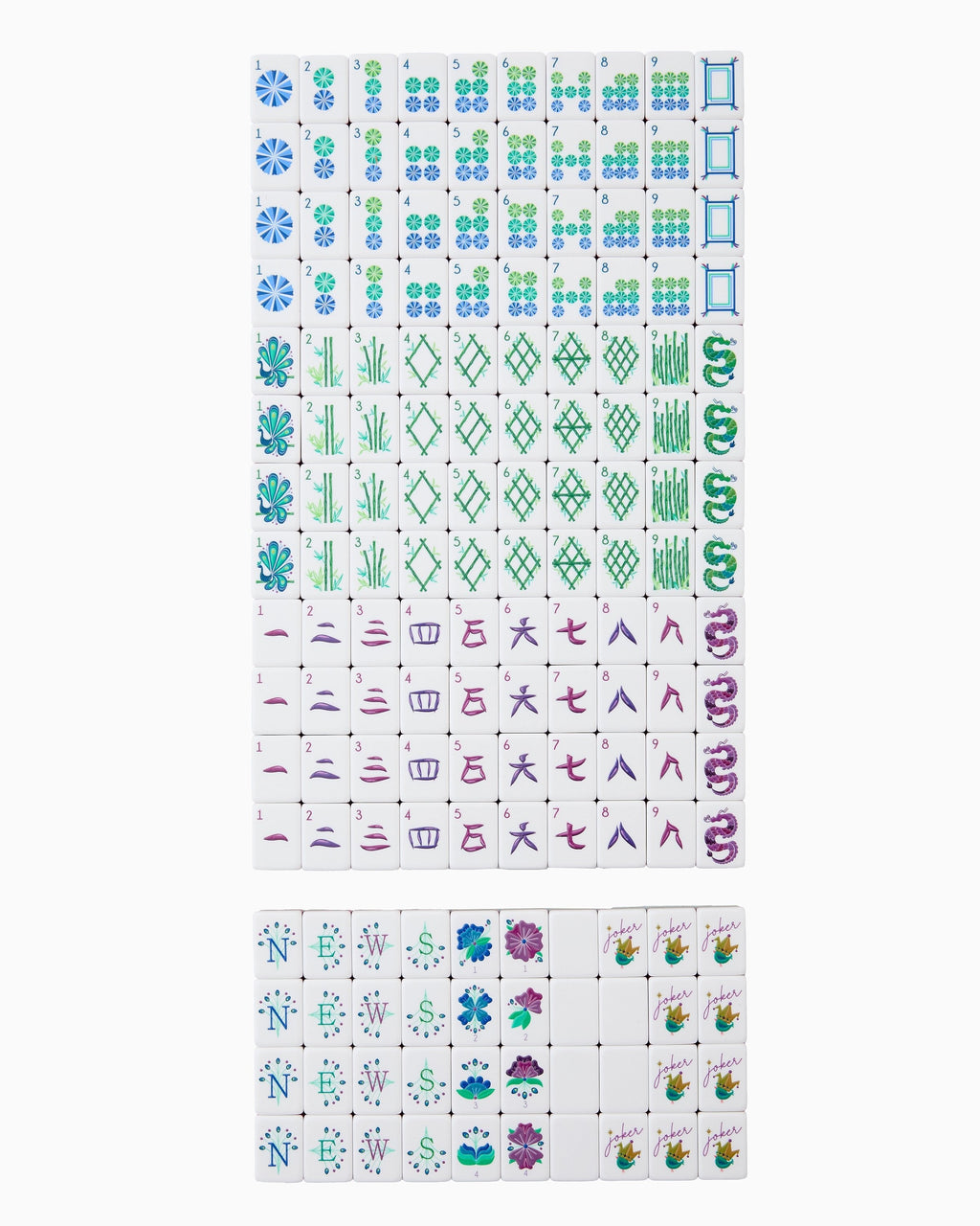 Complete Oh My Mahjong Lagoon set, all 160 tiles laid out face up in rows