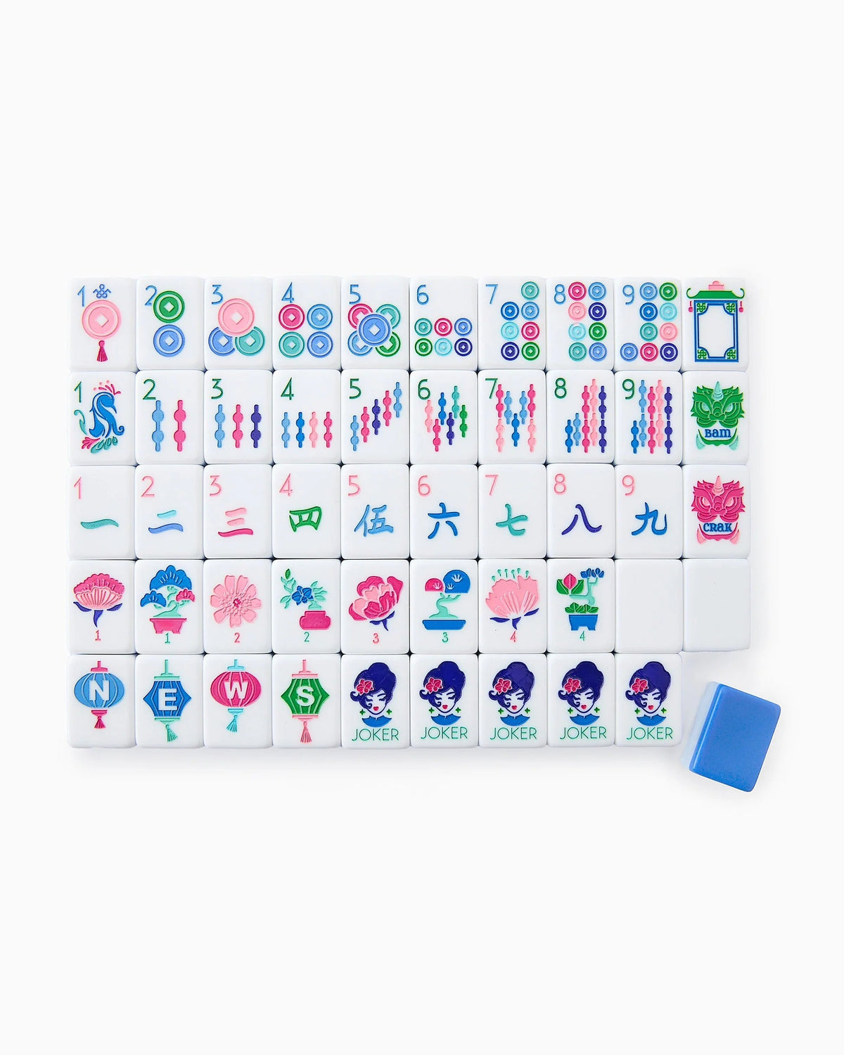 Oh My Mahjong Lola tile set with all 164 hand-painted acrylic tiles laid out in rows, blue ombre with pink and green artwork