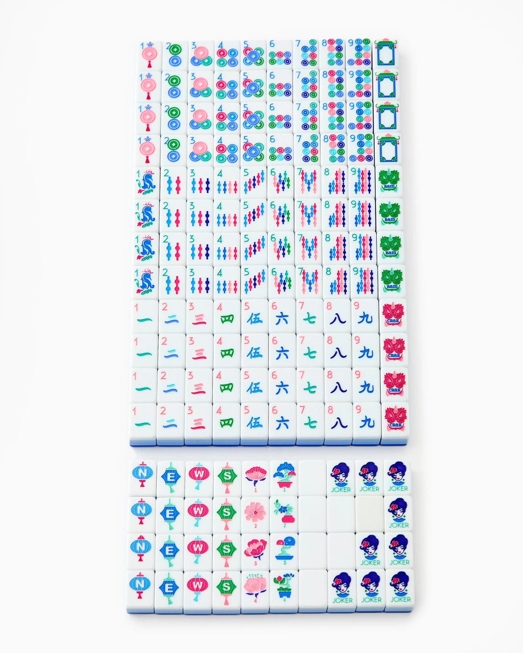 The complete Lola mahjong set standing upright in groups: dots, bams, cracks, flowers, winds, dragons and jokers
