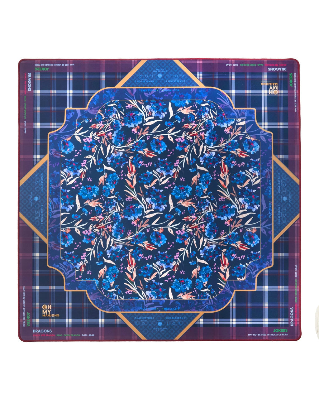 Oh My Mahjong Astor instructional mahjong mat laid flat, navy florals and plaid with warm accents