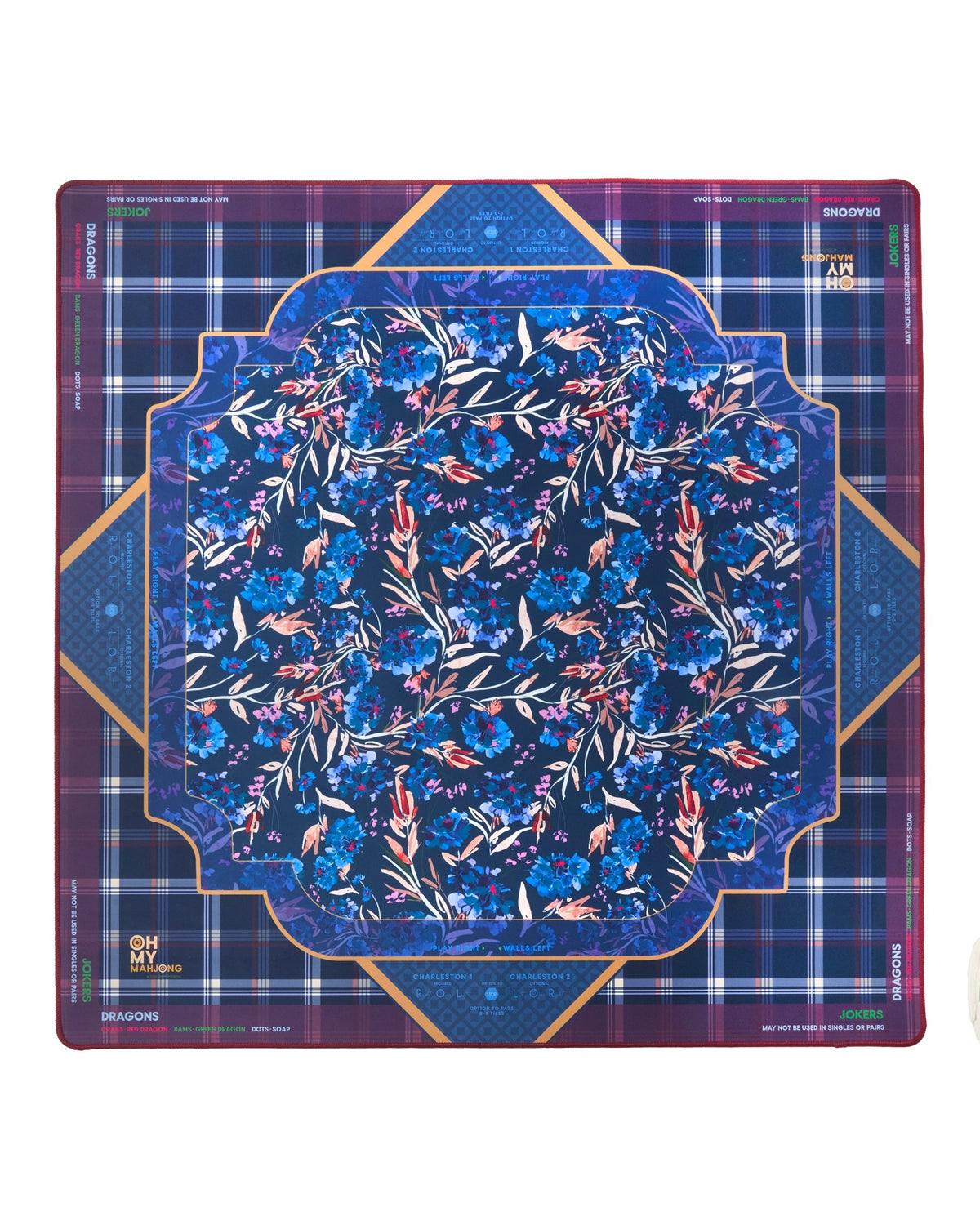 Oh My Mahjong Astor instructional mahjong mat laid flat, navy florals and plaid with warm accents